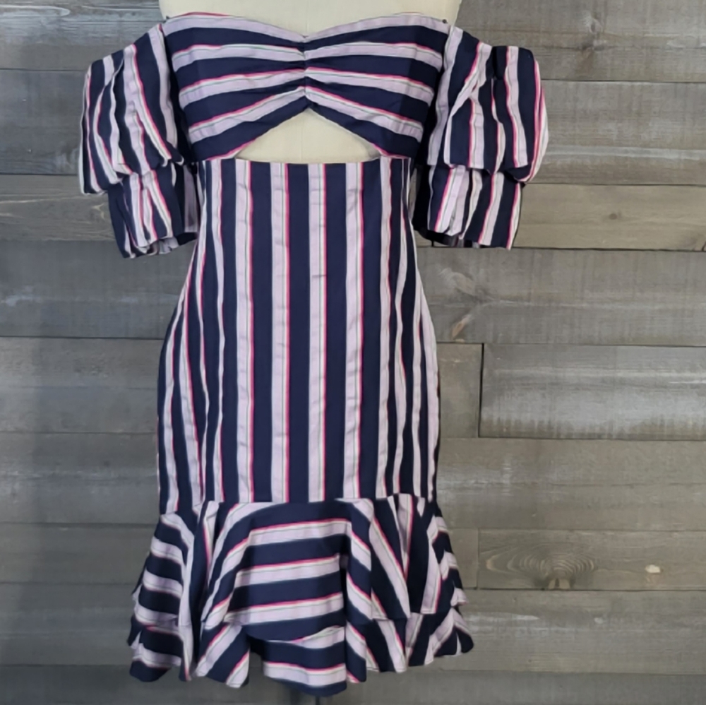 WAYF Korbin Striped Navy Pink Off-the-Shoulder Hi-Low Dress - 100% Exclu…